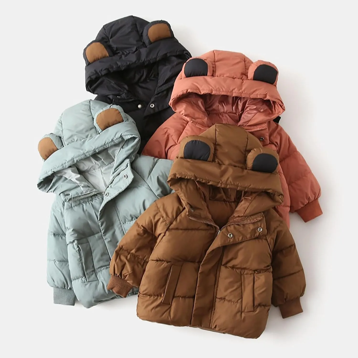 Toddler Girls Boys Winter Solid Color Hooded Thickened Coat Warm Zipper Padded Cotton Jacket Outerwear with Pocket