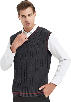 TopTie Men's V-Neck Cotton Twist Knit Sweater Vest Green and Red Trim