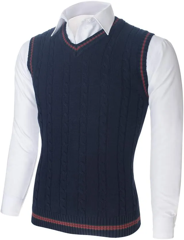 TopTie Men's V-Neck Cotton Twist Knit Sweater Vest Green and Red Trim