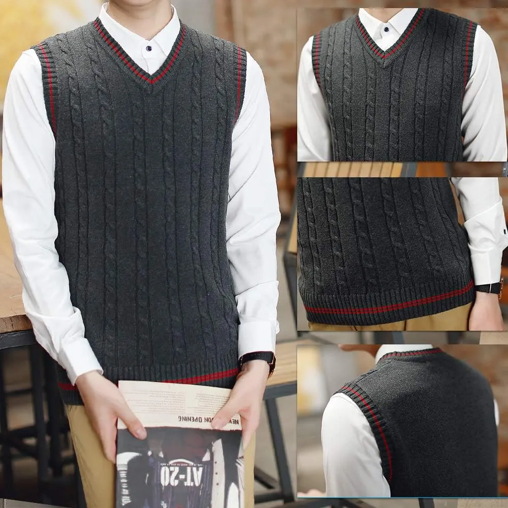 TopTie Men's V-Neck Cotton Twist Knit Sweater Vest Green and Red Trim