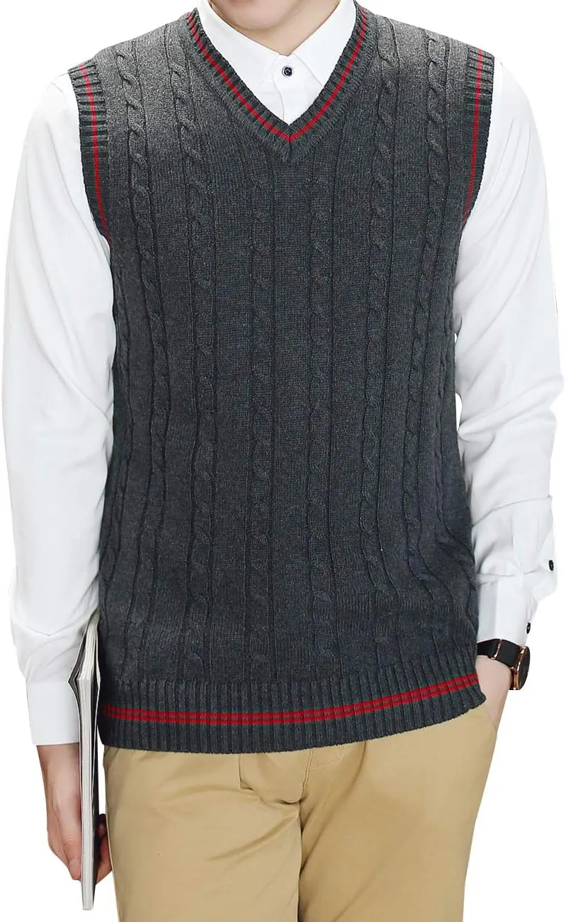 TopTie Men's V-Neck Cotton Twist Knit Sweater Vest Green and Red Trim