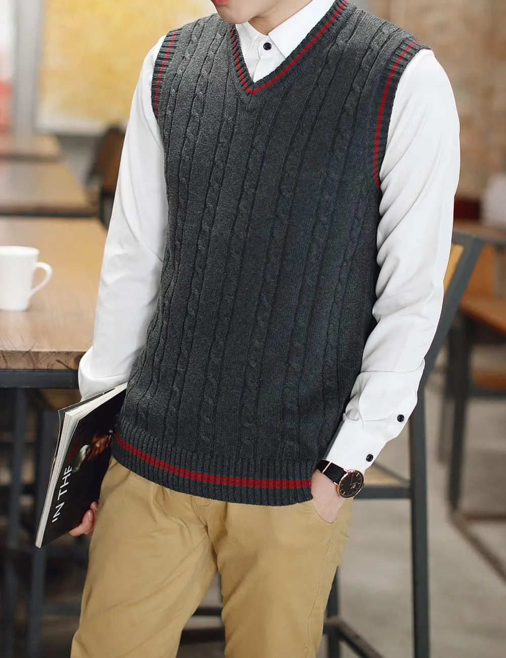 TopTie Men's V-Neck Cotton Twist Knit Sweater Vest Green and Red Trim