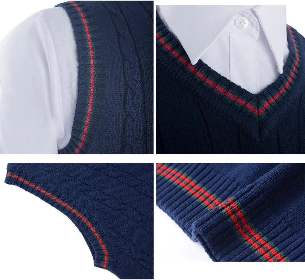 TopTie Men's V-Neck Cotton Twist Knit Sweater Vest Green and Red Trim