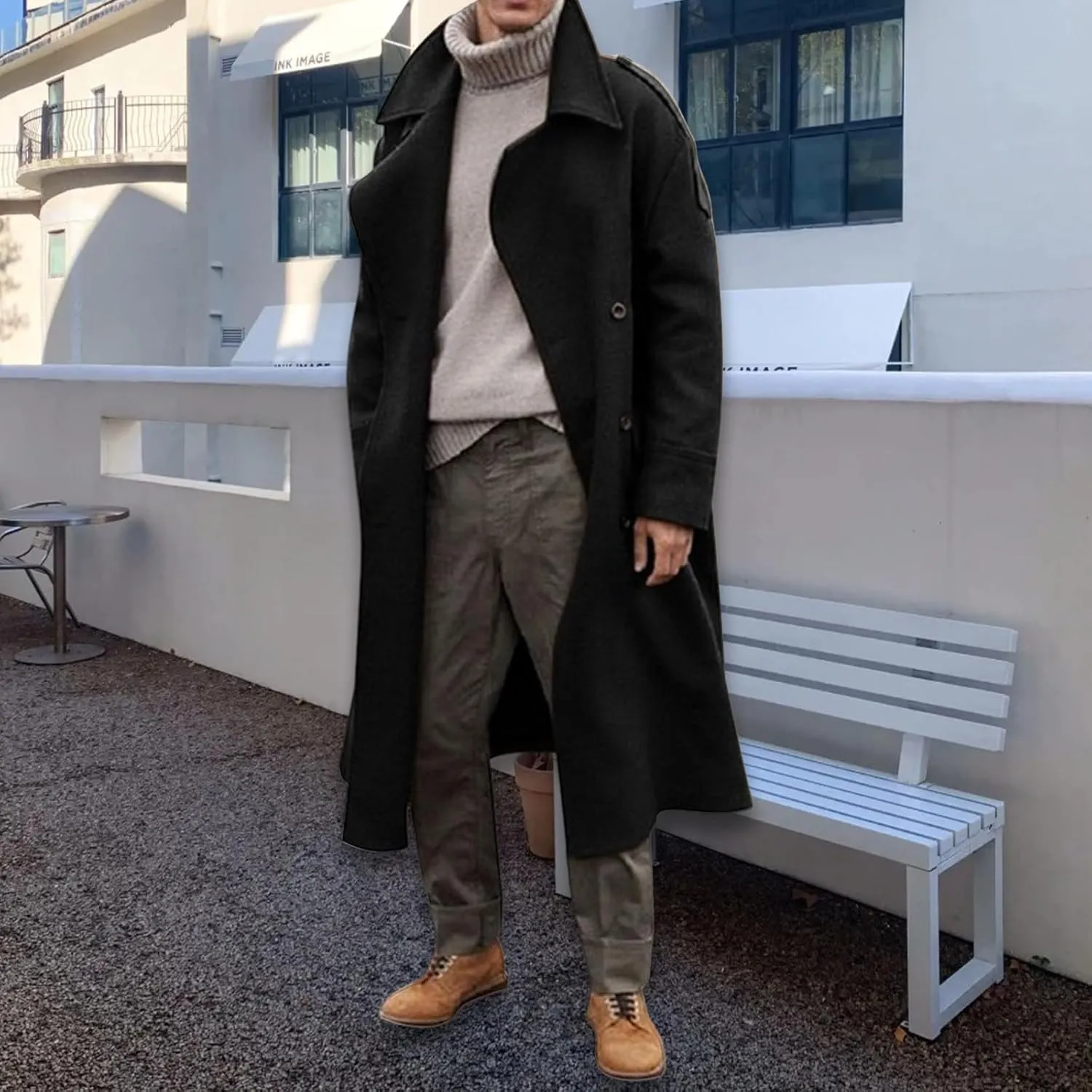 Trench Coat Men Oversized Notched Long Faux Wool Blend Overcoats Single Breasted Knee Length Lapel Winter Jacket