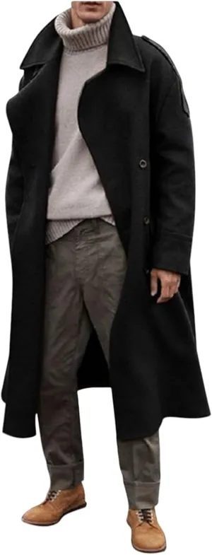 Trench Coat Men Oversized Notched Long Faux Wool Blend Overcoats Single Breasted Knee Length Lapel Winter Jacket