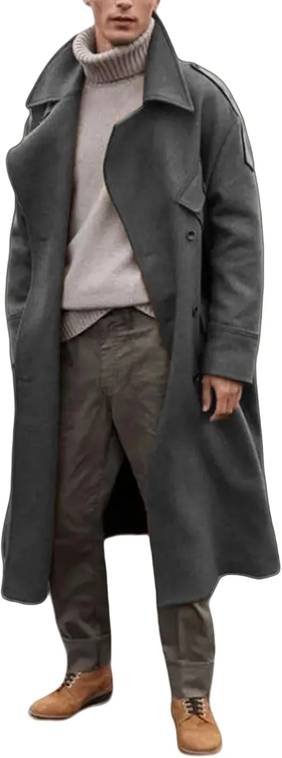 Trench Coat Men Oversized Notched Long Faux Wool Blend Overcoats Single Breasted Knee Length Lapel Winter Jacket