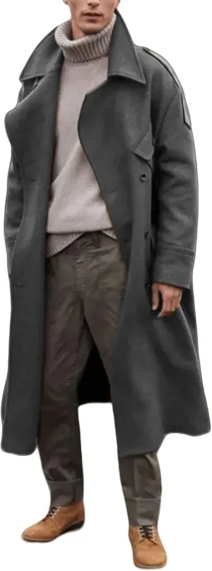 Trench Coat Men Oversized Notched Long Faux Wool Blend Overcoats Single Breasted Knee Length Lapel Winter Jacket
