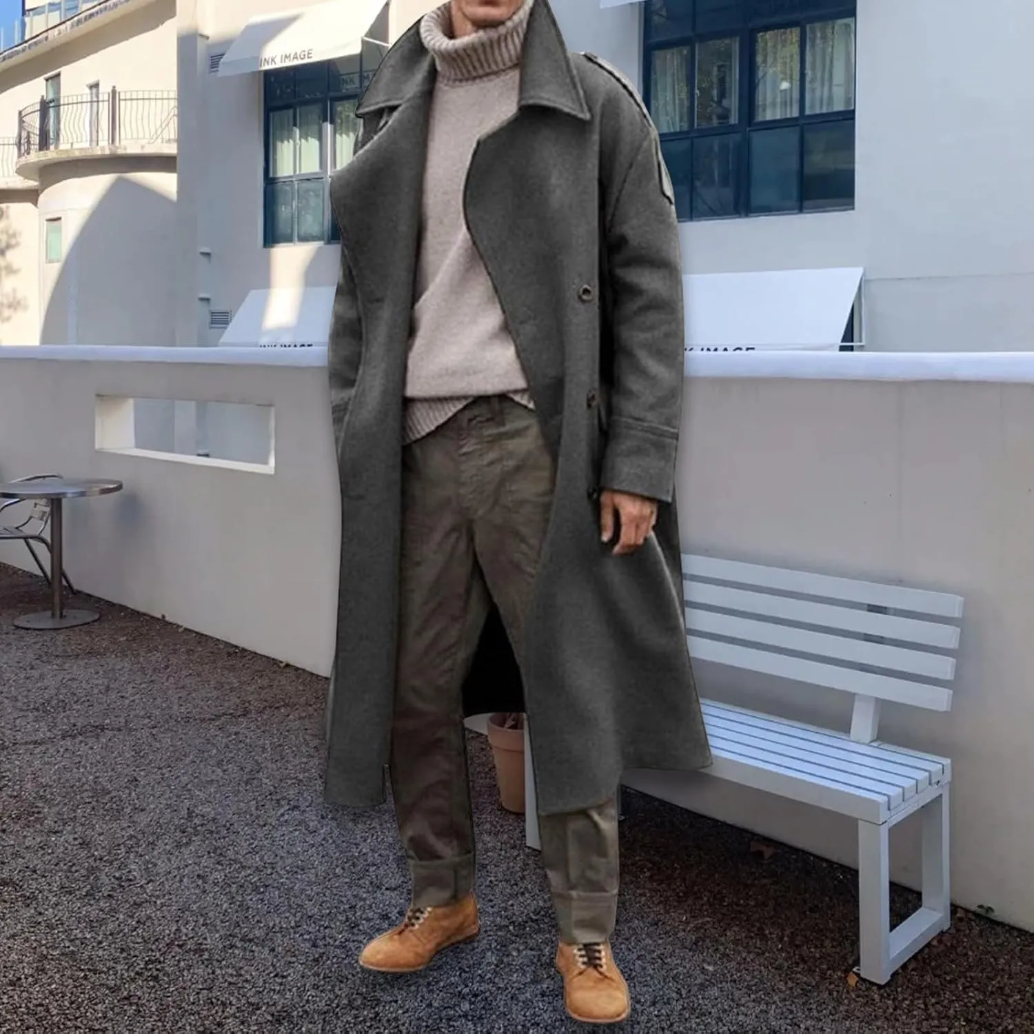 Trench Coat Men Oversized Notched Long Faux Wool Blend Overcoats Single Breasted Knee Length Lapel Winter Jacket