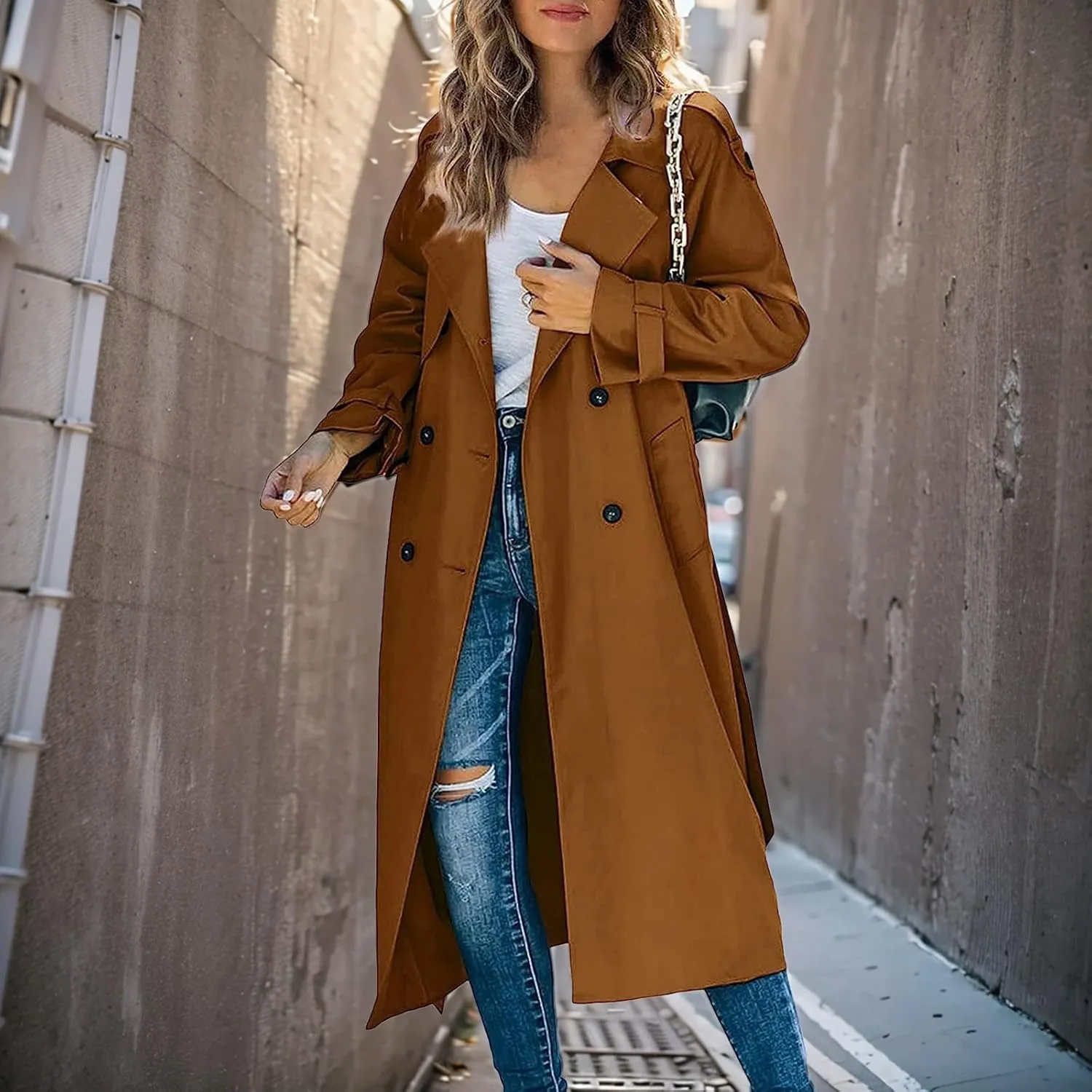 Trench Coat Women Fall Jackets Women's Double Breasted Long Trench Coats Windproof Classic Slim Overcoat with Belt