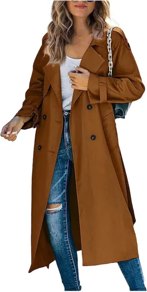 Trench Coat Women Fall Jackets Women's Double Breasted Long Trench Coats Windproof Classic Slim Overcoat with Belt