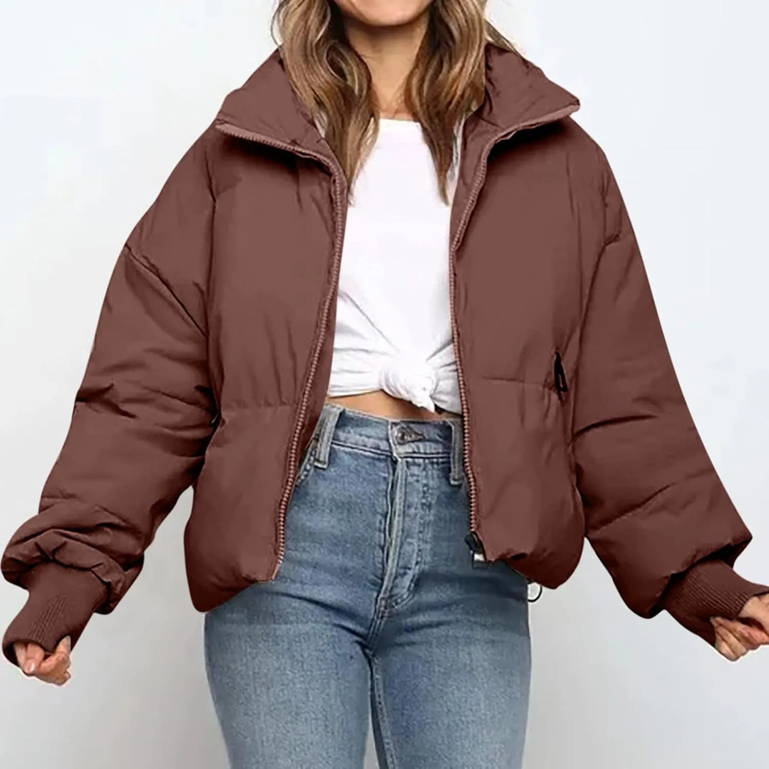 tuduoms Womens Winter Jackets Baggy Puffer Short Jacket Full Zipper Cropped Down Coat Teen Girls Light Quilted Parka Outwear