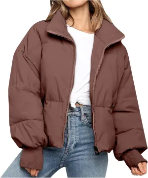 tuduoms Womens Winter Jackets Baggy Puffer Short Jacket Full Zipper Cropped Down Coat Teen Girls Light Quilted Parka Outwear
