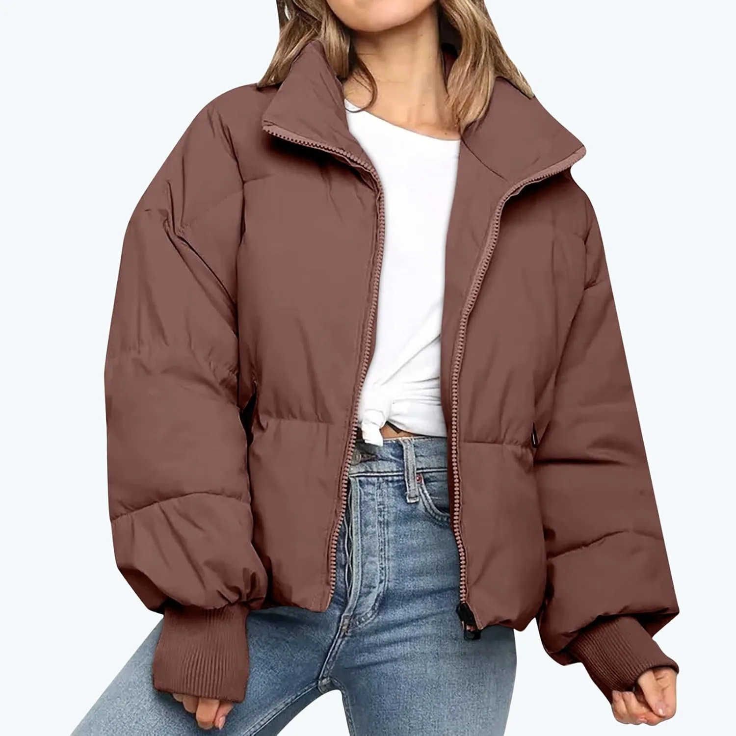 tuduoms Womens Winter Jackets Baggy Puffer Short Jacket Full Zipper Cropped Down Coat Teen Girls Light Quilted Parka Outwear