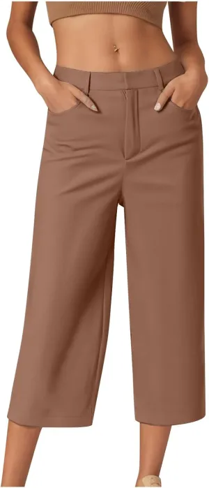 Twill Capri Pants for Women Casual Oversized Dress Pants High Waist Straight Leg Capris Dressy Office Cropped Trousers