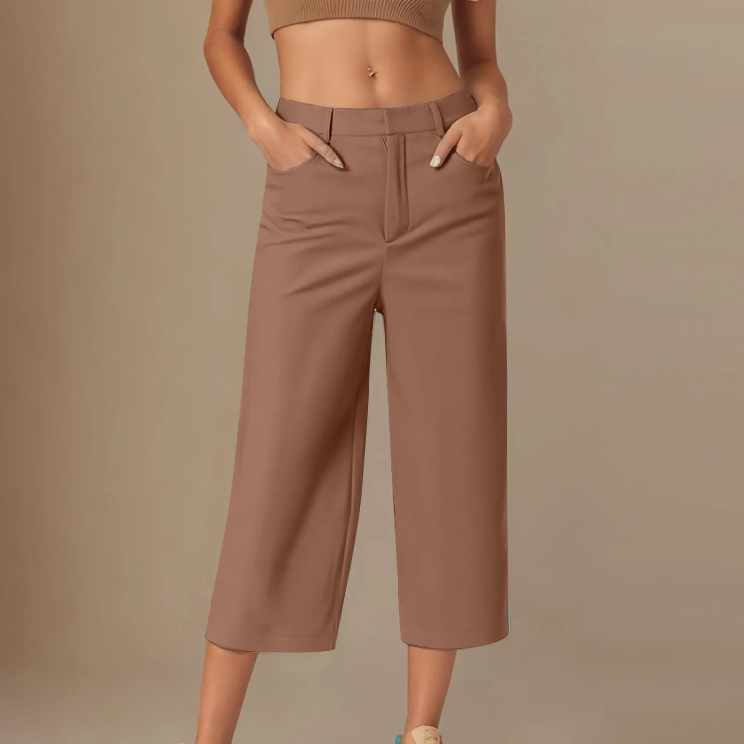Twill Capri Pants for Women Casual Oversized Dress Pants High Waist Straight Leg Capris Dressy Office Cropped Trousers