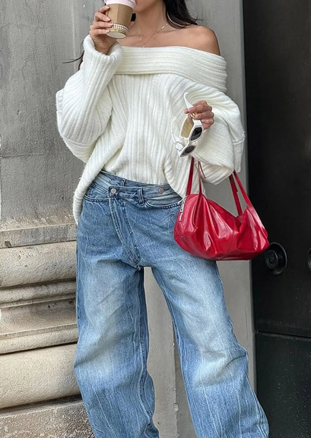 Unybwonn Women Off Shoulder Sweater Top Long Sleeve Knitted Pullover Casual Loose Oversized Trendy Vintage Knitwear Tops