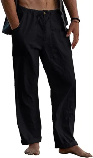 utcoco Men's Cotton Linen Beach Pants Loose Casual Drawstring Wasit Slacks with Pocket