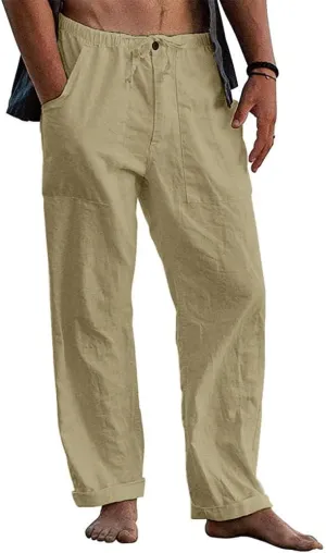 utcoco Men's Cotton Linen Beach Pants Loose Casual Drawstring Wasit Slacks with Pocket
