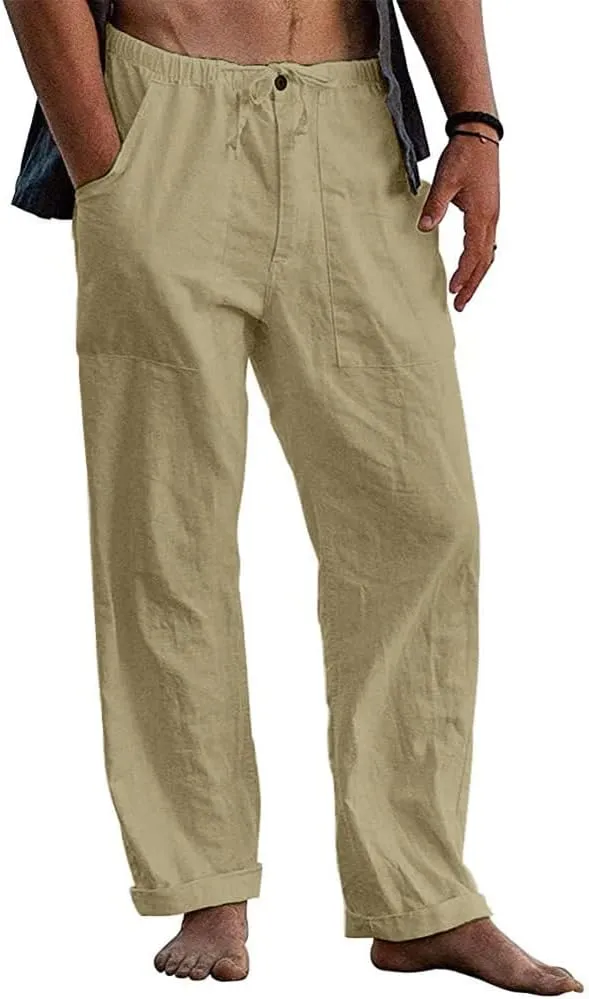 utcoco Men's Cotton Linen Beach Pants Loose Casual Drawstring Wasit Slacks with Pocket
