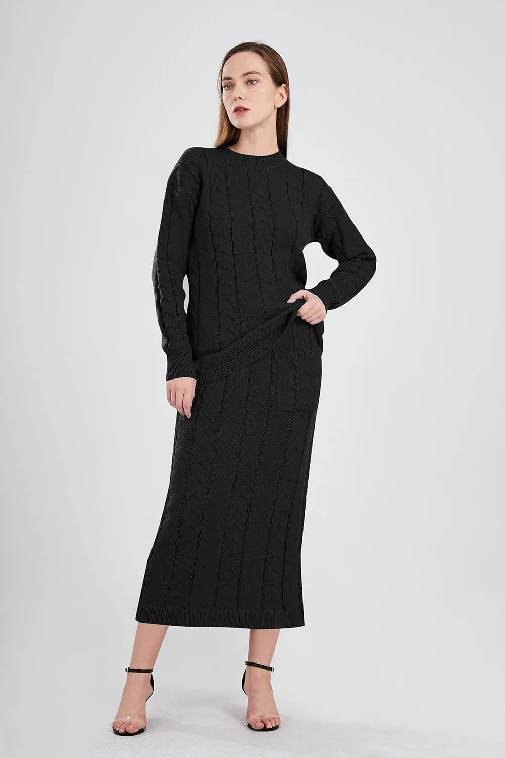 utcoco Womens Sweater Sets Winter Chunky Cable Knit 2 Piece Outfits Sweater Skirt Set