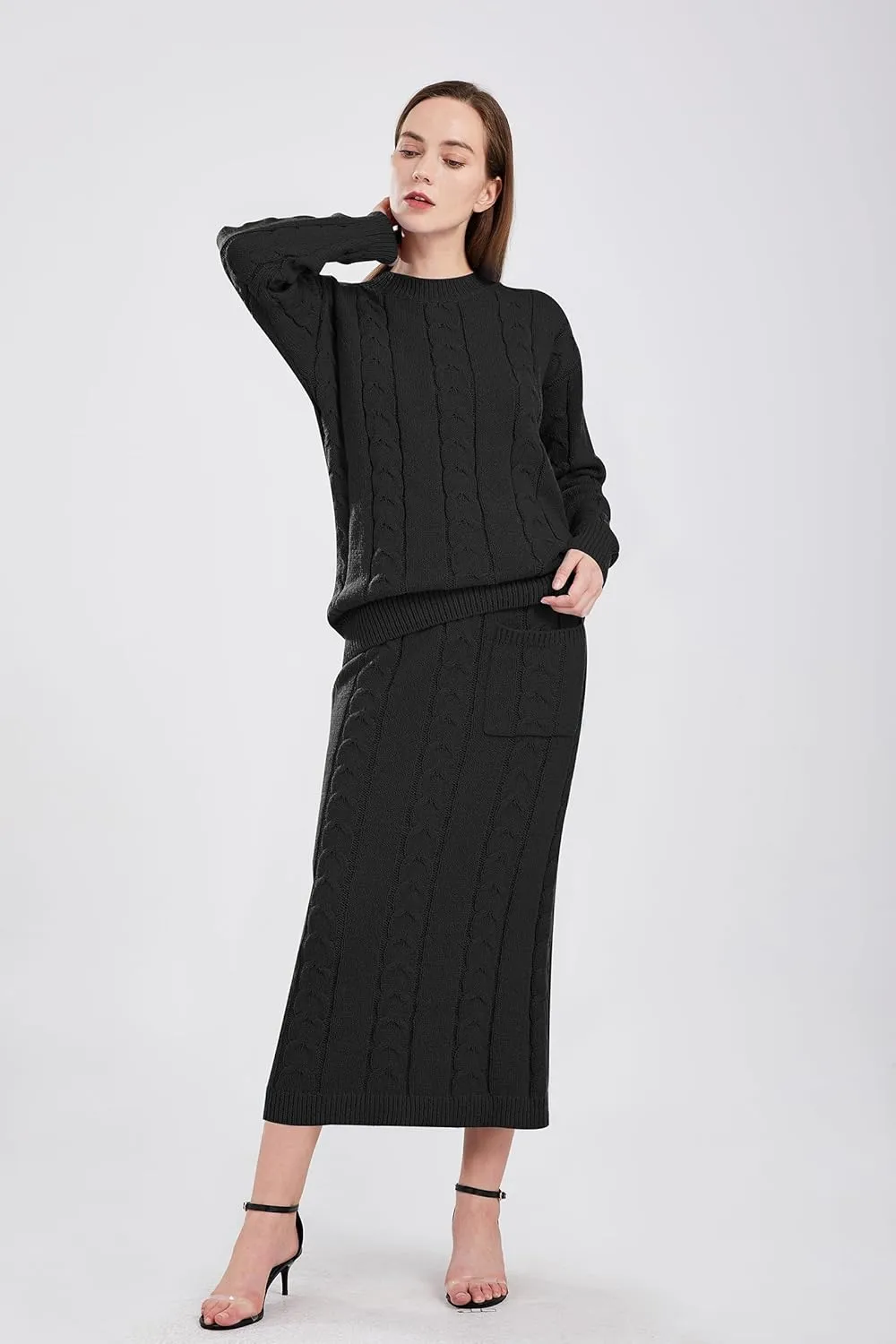 utcoco Womens Sweater Sets Winter Chunky Cable Knit 2 Piece Outfits Sweater Skirt Set