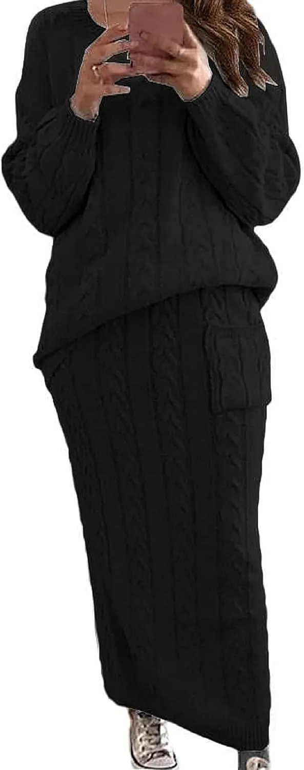 utcoco Womens Sweater Sets Winter Chunky Cable Knit 2 Piece Outfits Sweater Skirt Set