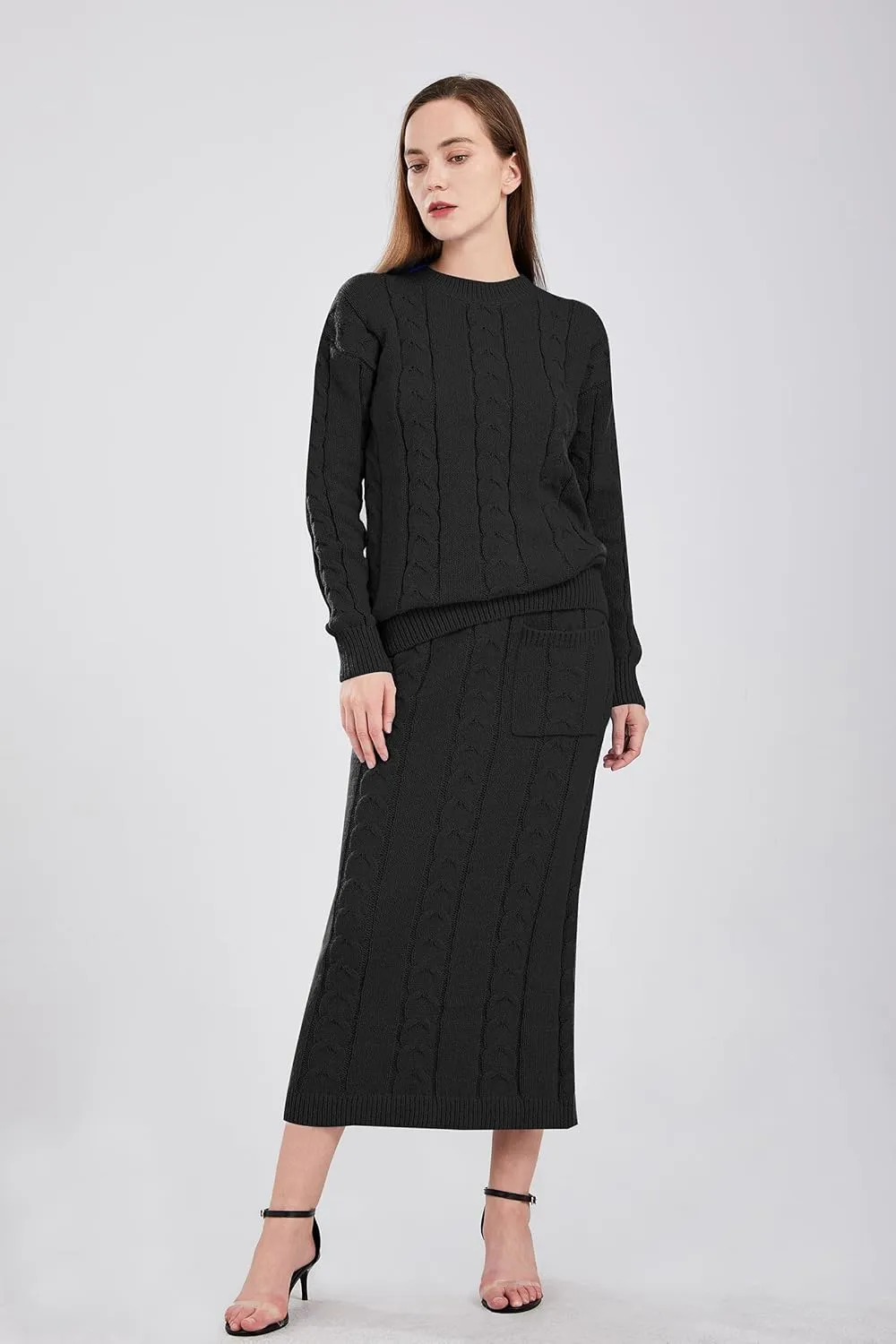utcoco Womens Sweater Sets Winter Chunky Cable Knit 2 Piece Outfits Sweater Skirt Set