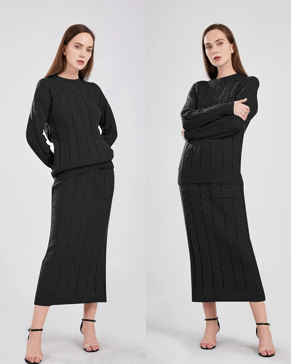 utcoco Womens Sweater Sets Winter Chunky Cable Knit 2 Piece Outfits Sweater Skirt Set