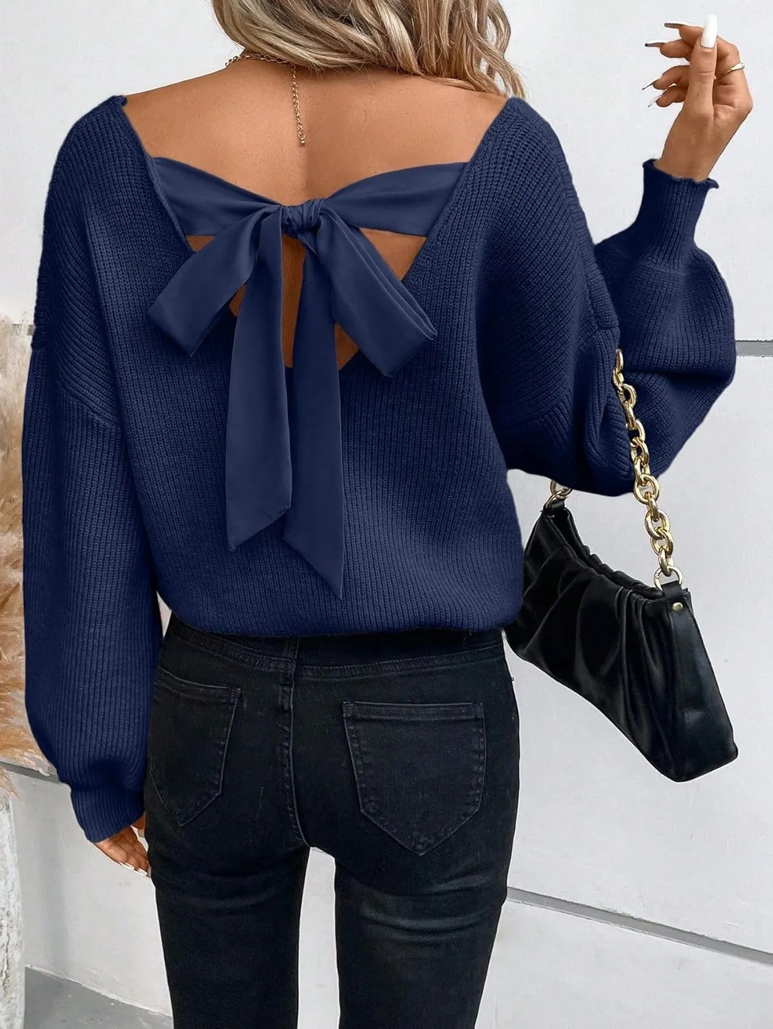 V Neck Sweaters Woman,Off The Shoulder Sweater Top,Fitted Long Sleeve Shirt Women,Tie Back Sweater,Knit Sweater