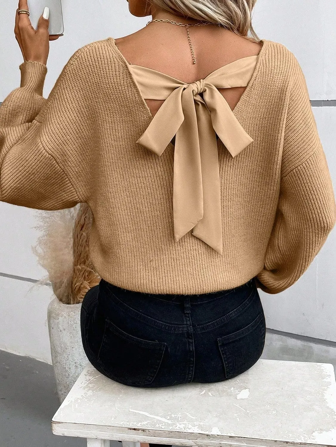 V Neck Sweaters Woman,Off The Shoulder Sweater Top,Fitted Long Sleeve Shirt Women,Tie Back Sweater,Knit Sweater