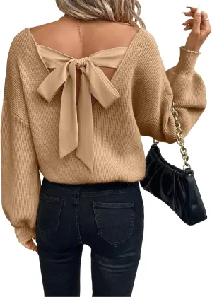 V Neck Sweaters Woman,Off The Shoulder Sweater Top,Fitted Long Sleeve Shirt Women,Tie Back Sweater,Knit Sweater
