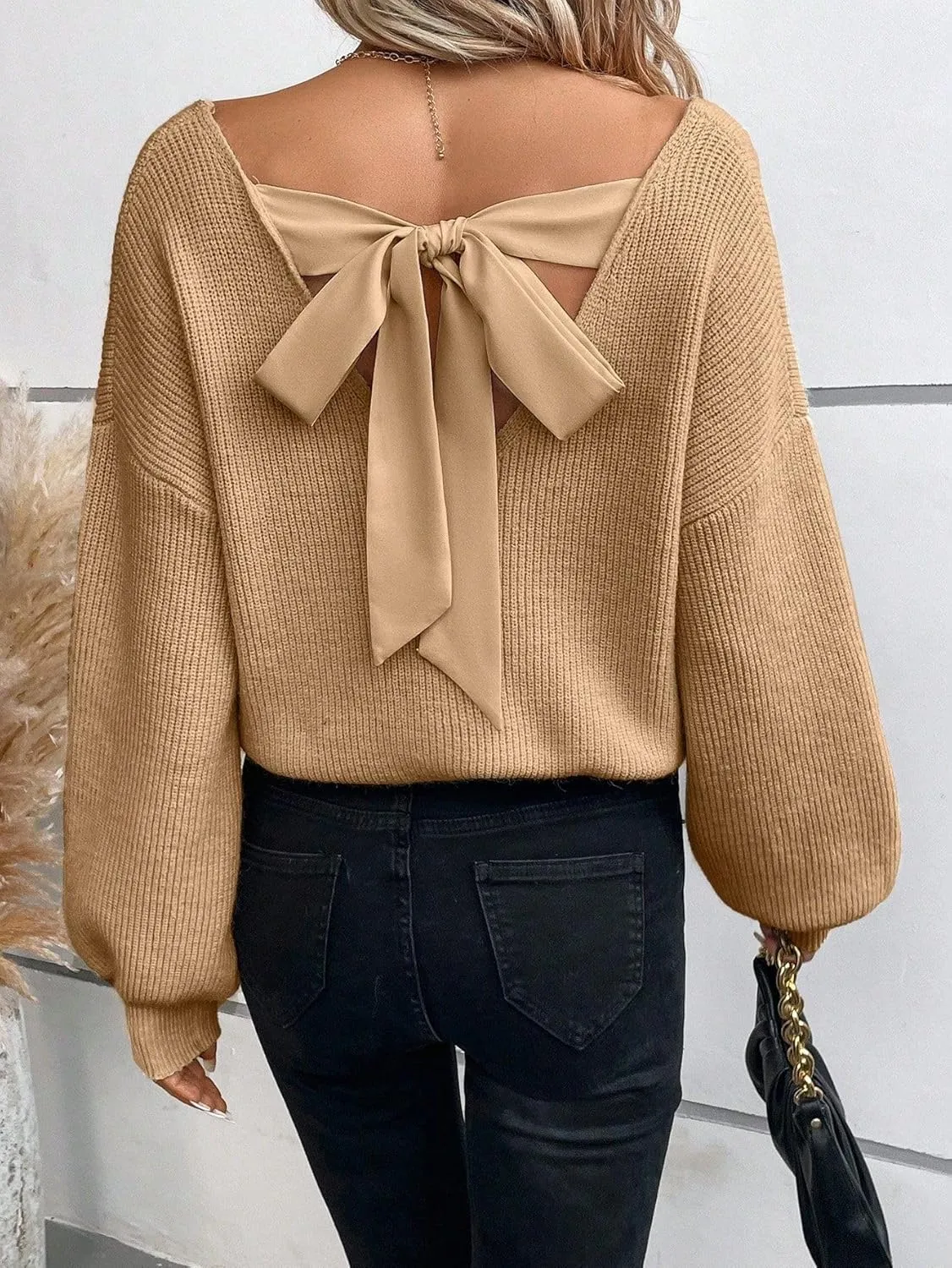 V Neck Sweaters Woman,Off The Shoulder Sweater Top,Fitted Long Sleeve Shirt Women,Tie Back Sweater,Knit Sweater
