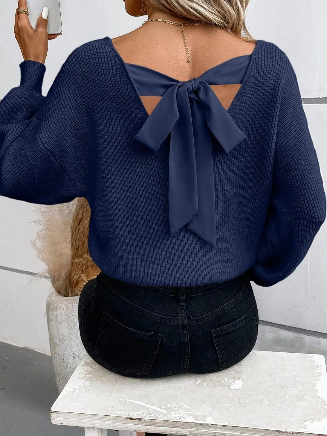 V Neck Sweaters Woman,Off The Shoulder Sweater Top,Fitted Long Sleeve Shirt Women,Tie Back Sweater,Knit Sweater