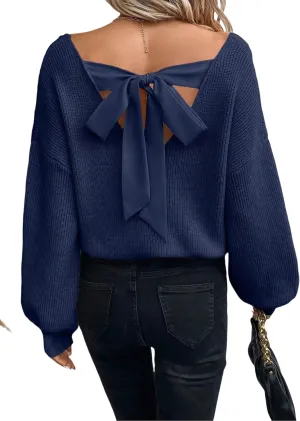 V Neck Sweaters Woman,Off The Shoulder Sweater Top,Fitted Long Sleeve Shirt Women,Tie Back Sweater,Knit Sweater