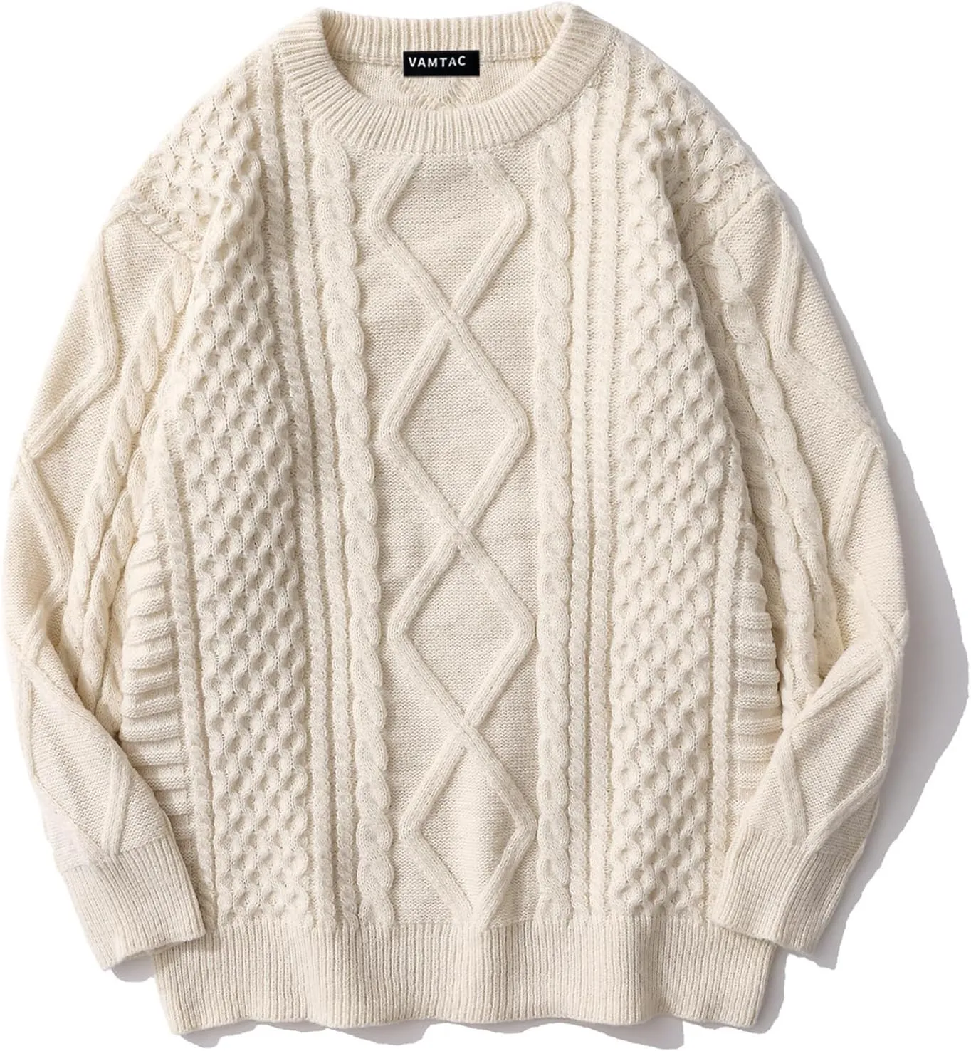 Vamtac Womens Oversized Sweaters Cable Knit Crewneck Cream Casual Vintage Loose Pullover Beige Woven Tops