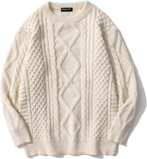 Vamtac Womens Oversized Sweaters Cable Knit Crewneck Cream Casual Vintage Loose Pullover Beige Woven Tops