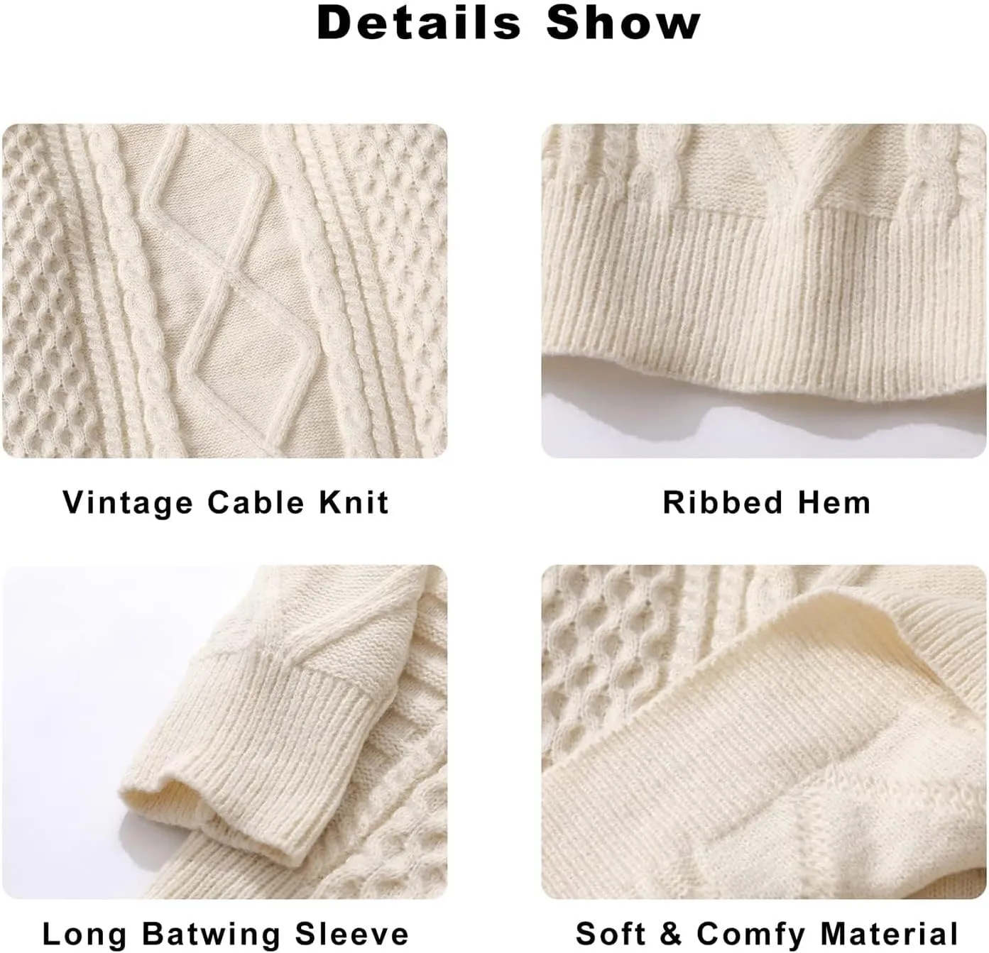 Vamtac Womens Oversized Sweaters Cable Knit Crewneck Cream Casual Vintage Loose Pullover Beige Woven Tops