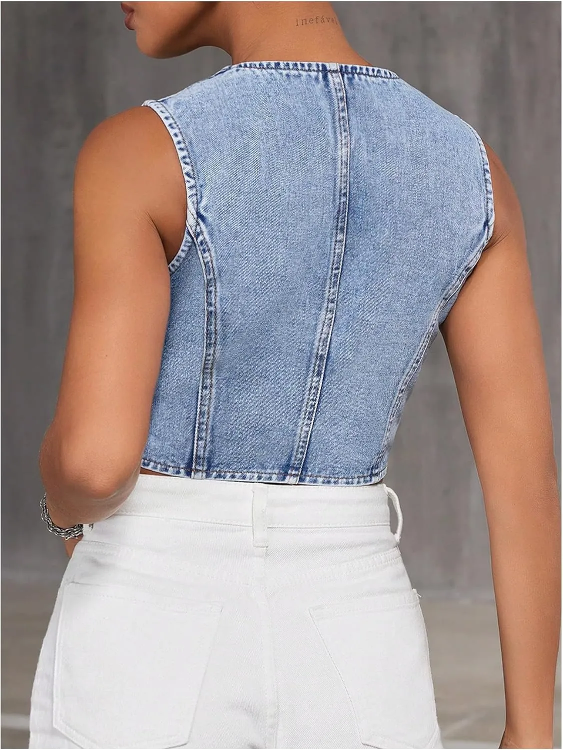 Verdusa Women's Denim Vest Button Up V Neck Sleeveless Jean Vest Top Corset Top Jean Crop Top