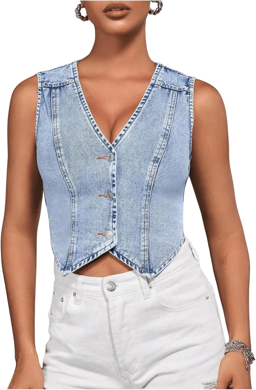 Verdusa Women's Denim Vest Button Up V Neck Sleeveless Jean Vest Top Corset Top Jean Crop Top