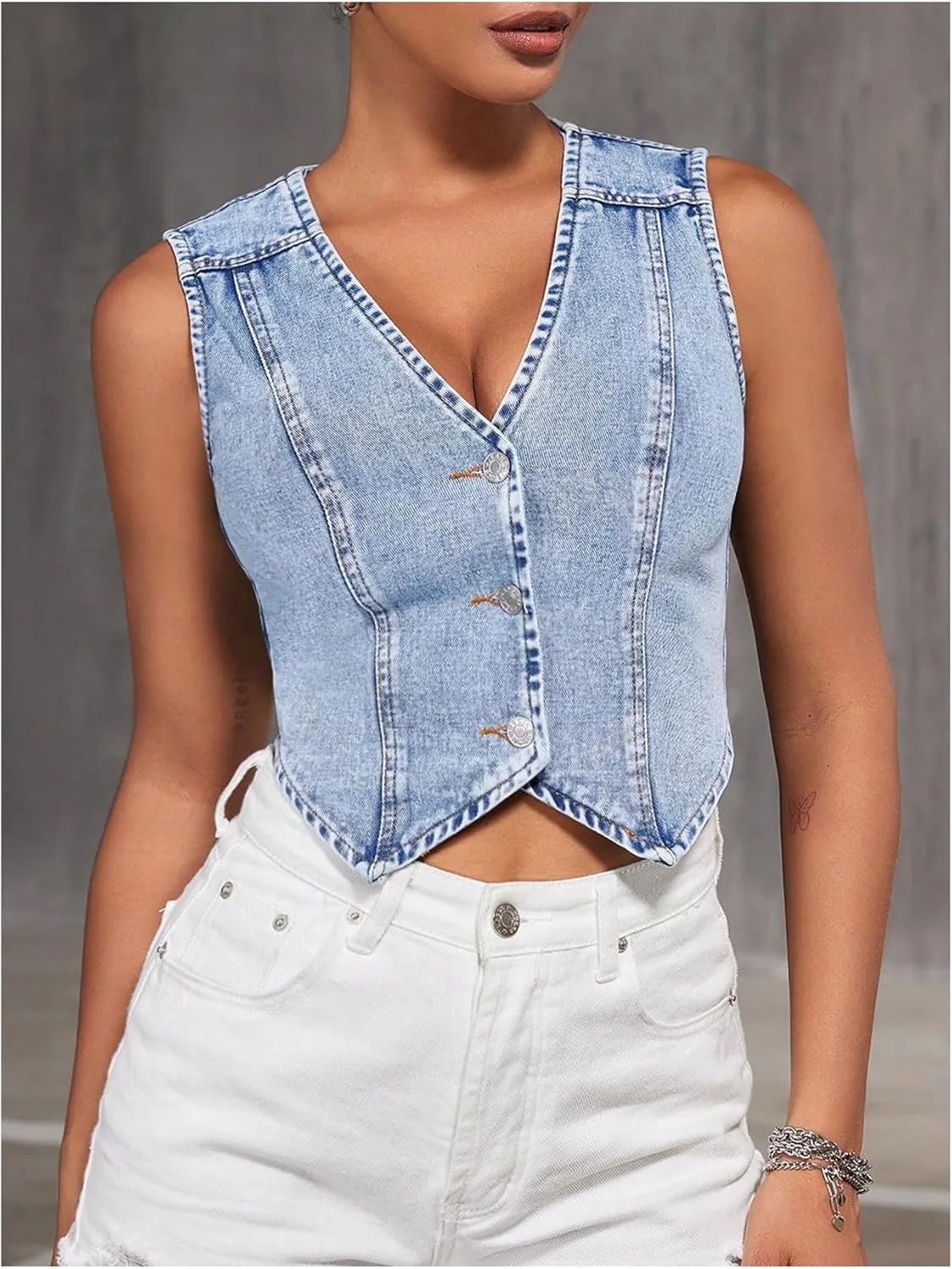 Verdusa Women's Denim Vest Button Up V Neck Sleeveless Jean Vest Top Corset Top Jean Crop Top