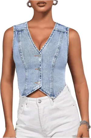 Verdusa Women's Denim Vest Button Up V Neck Sleeveless Jean Vest Top Corset Top Jean Crop Top