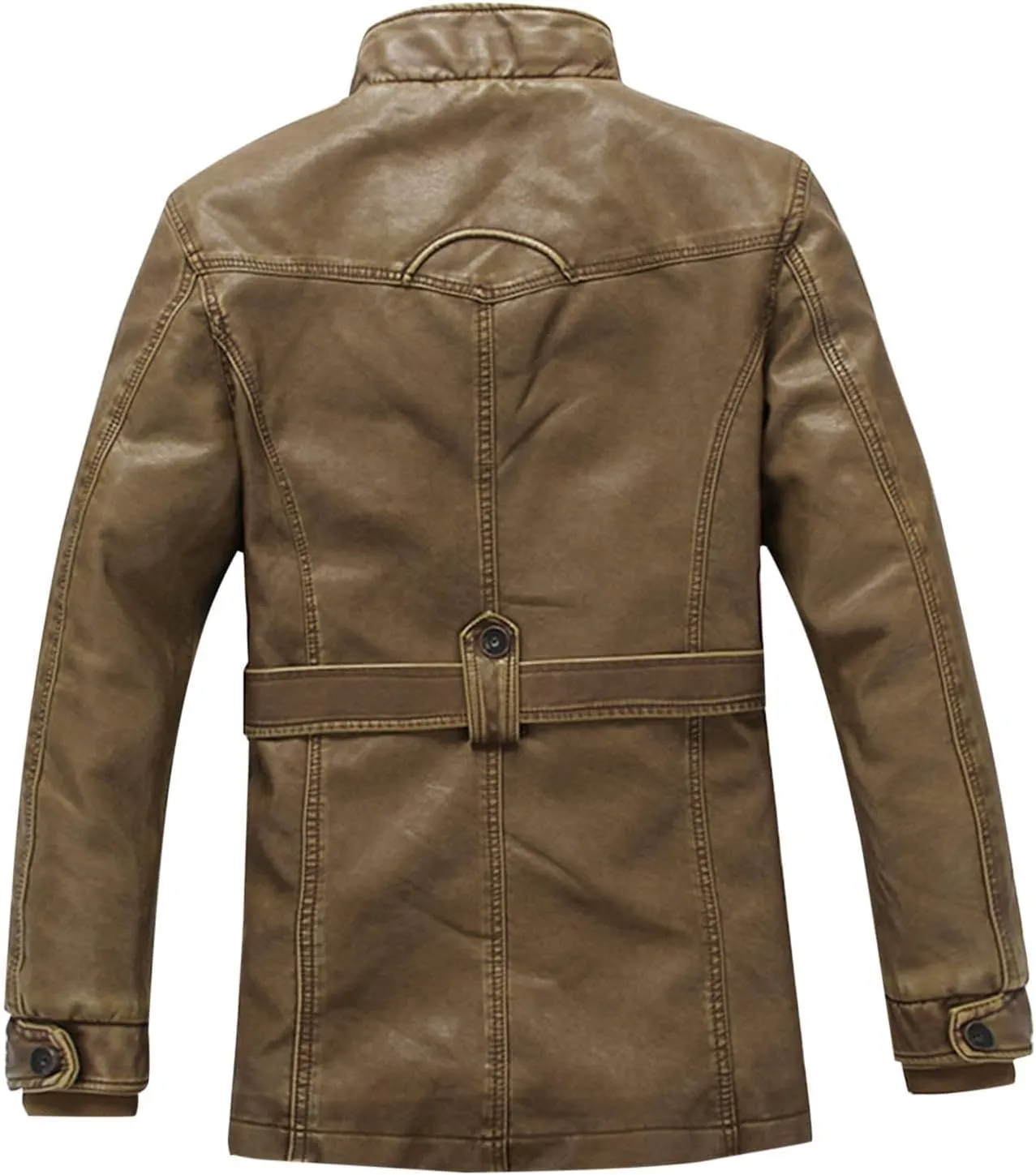 Vintage Casual Fashion Leather Jacket for Men Stand Collar Zip Long Sleeve Fleece Lined Outerwear Winter Warm Coat