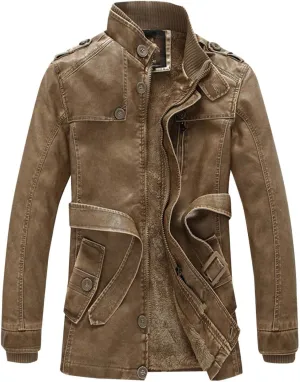 Vintage Casual Fashion Leather Jacket for Men Stand Collar Zip Long Sleeve Fleece Lined Outerwear Winter Warm Coat