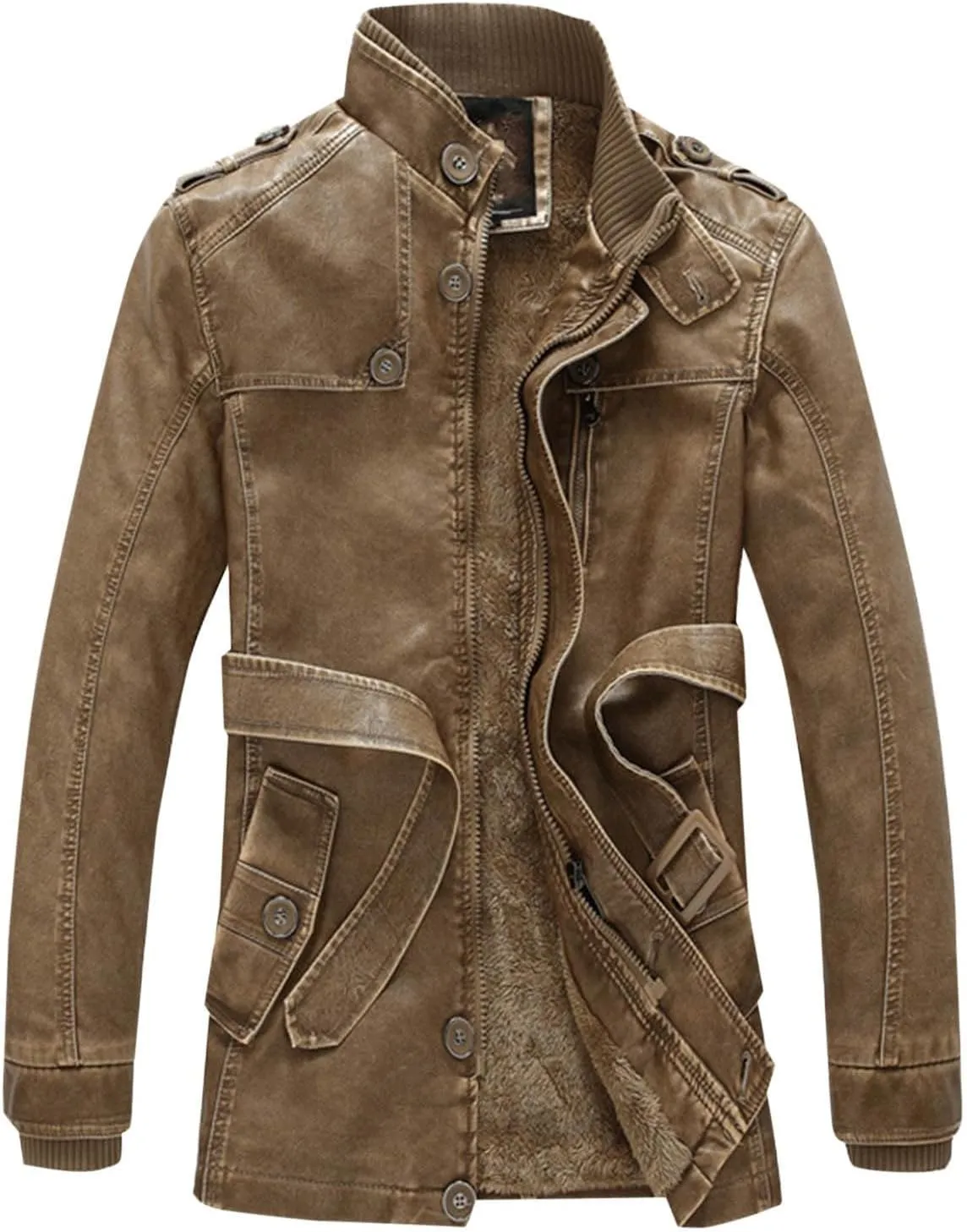 Vintage Casual Fashion Leather Jacket for Men Stand Collar Zip Long Sleeve Fleece Lined Outerwear Winter Warm Coat