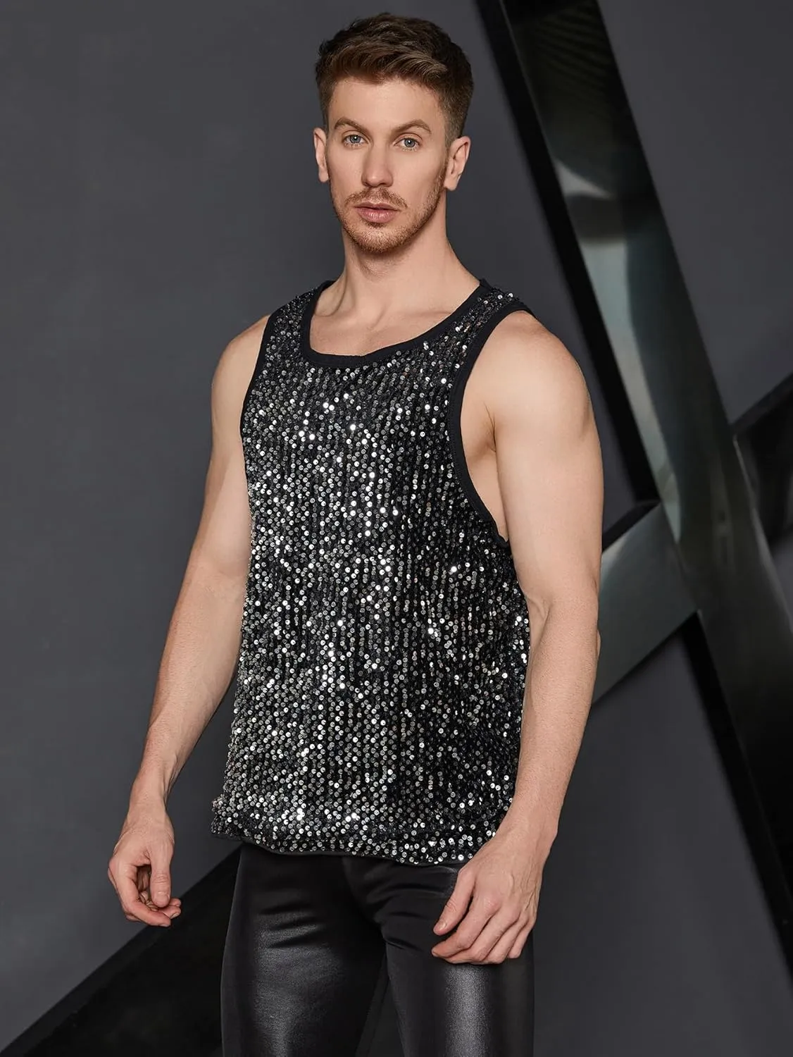 WDIRARA Men's Sequin Sleeveless Round Neck Tank Top T Shirt Party Top