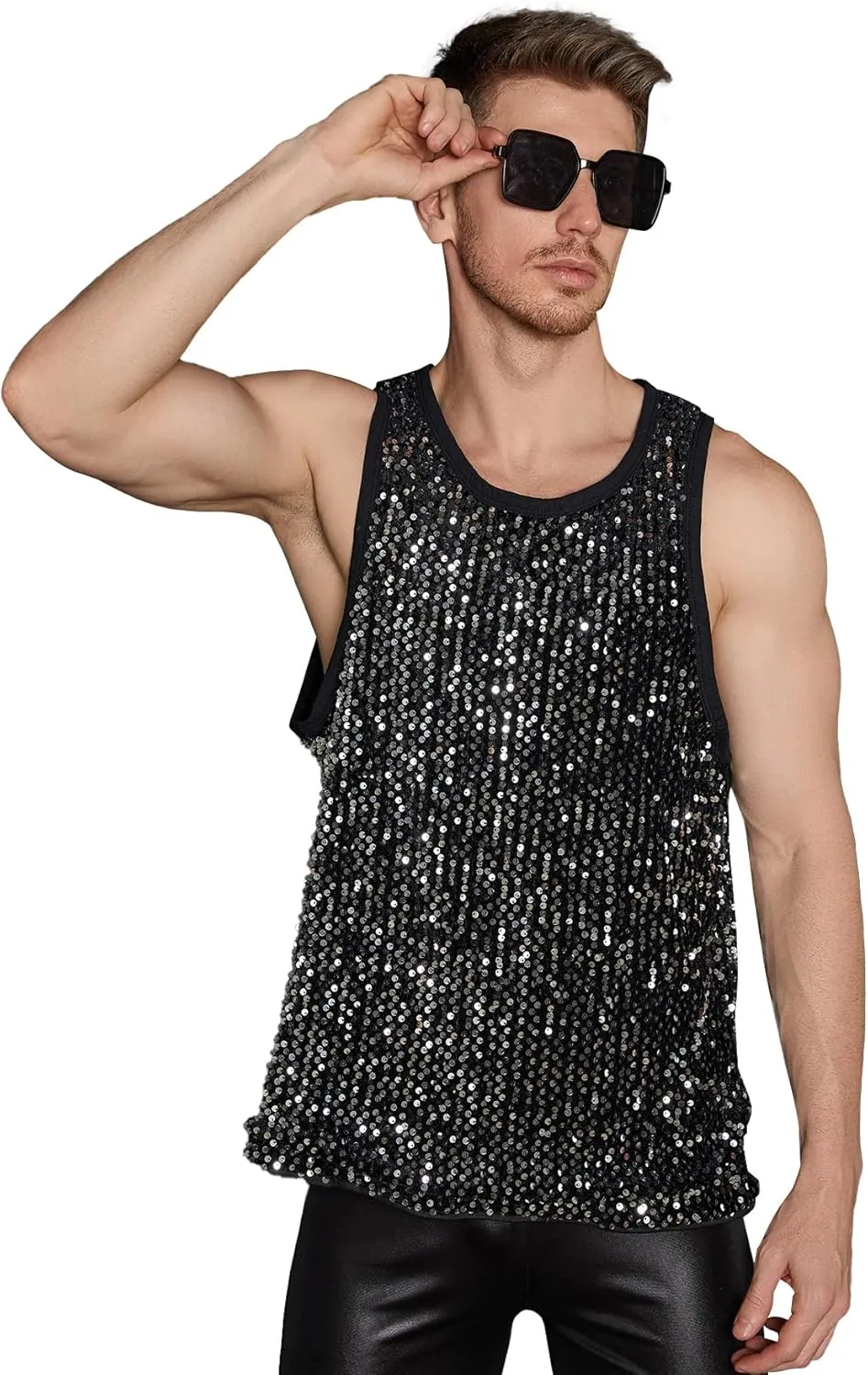 WDIRARA Men's Sequin Sleeveless Round Neck Tank Top T Shirt Party Top