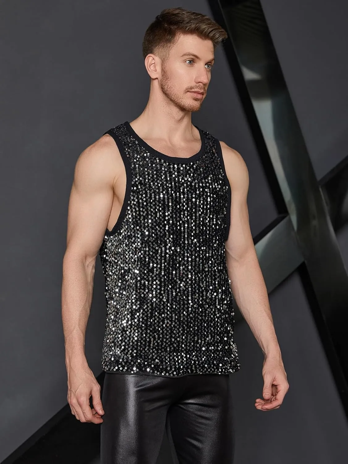WDIRARA Men's Sequin Sleeveless Round Neck Tank Top T Shirt Party Top