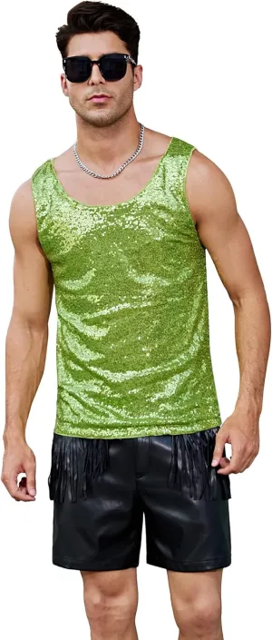 WDIRARA Men's Sequin Sleeveless Round Neck Tank Top T Shirt Party Top