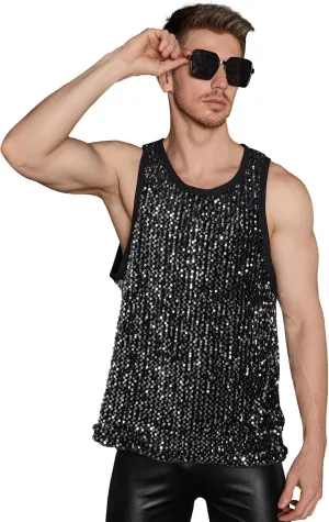 WDIRARA Men's Sequin Sleeveless Round Neck Tank Top T Shirt Party Top