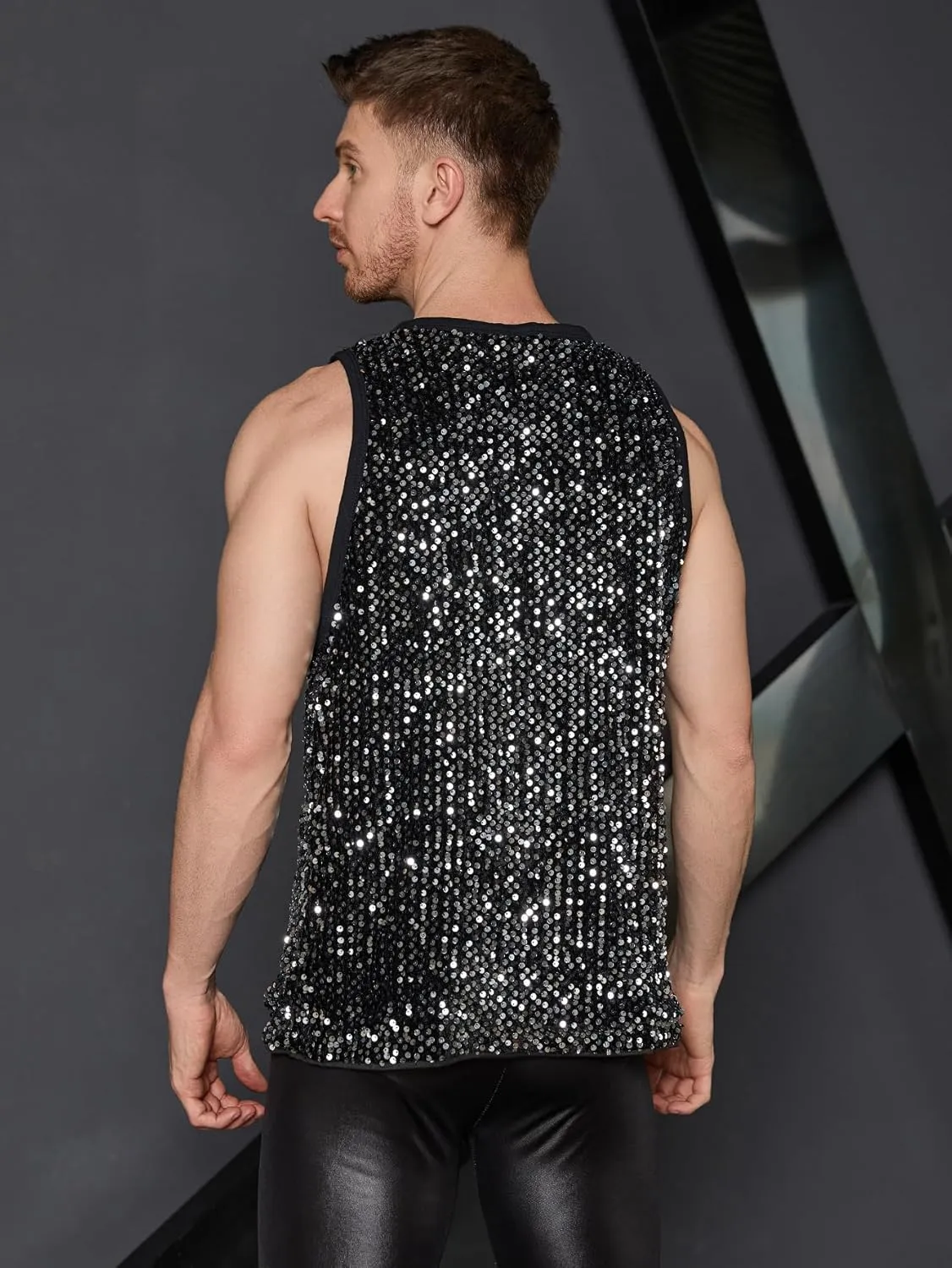 WDIRARA Men's Sequin Sleeveless Round Neck Tank Top T Shirt Party Top